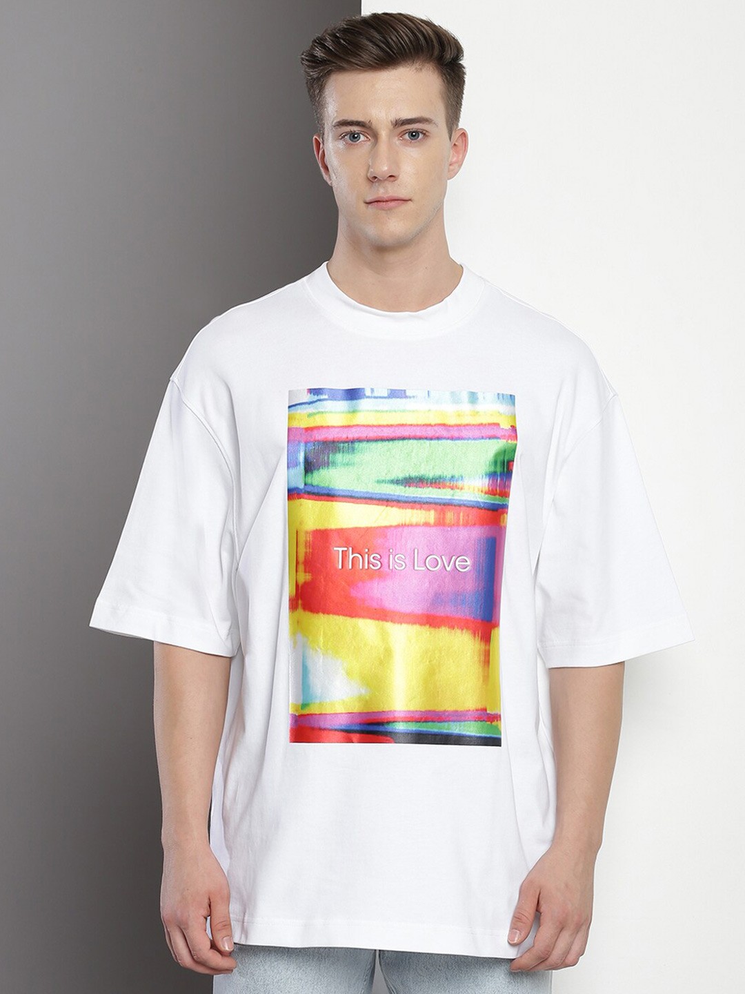

Calvin Klein Jeans Graphic Printed Drop-Shoulder Oversized Longline Pure Cotton T-shirt, White