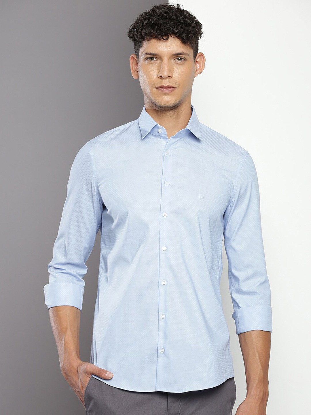 

Calvin Klein Micro Ditsy Printed Spread Collar Long Sleeves Cotton Slim Fit Casual Shirt, Blue