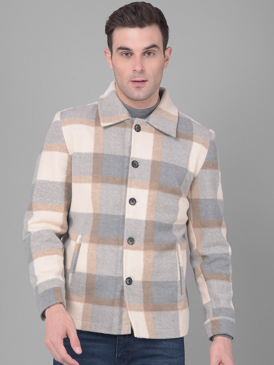 

COBB Checked Lightweight Spread Collar Cotton Tailored Jacket, Cream