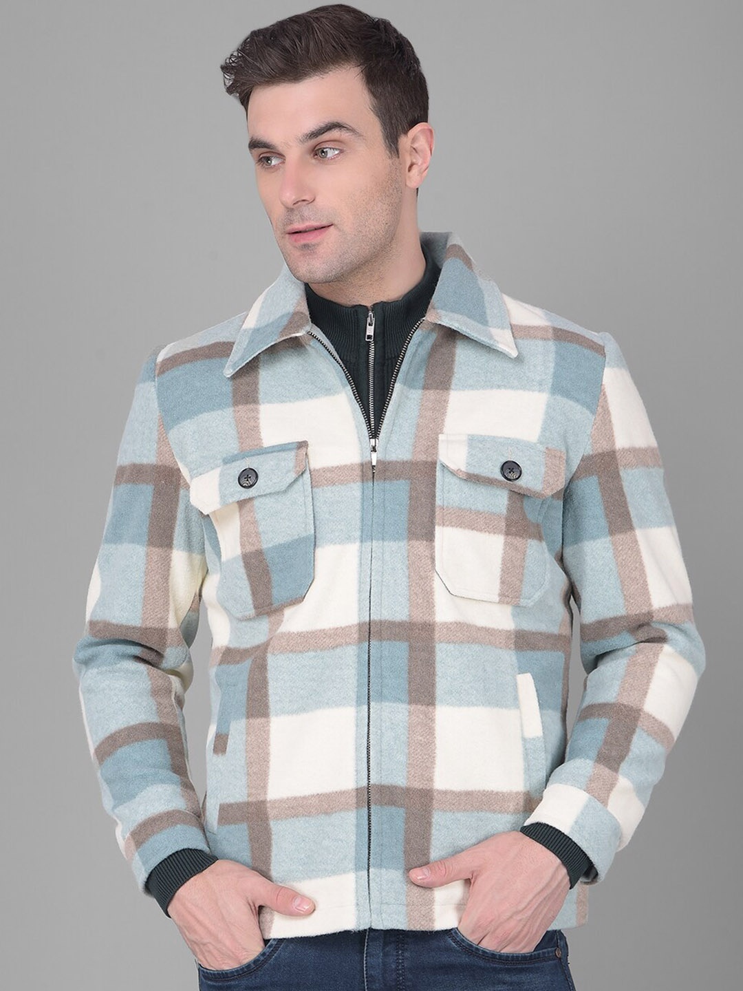 

COBB Checked Lightweight Spread Collar Cotton Tailored Jacket, Turquoise blue