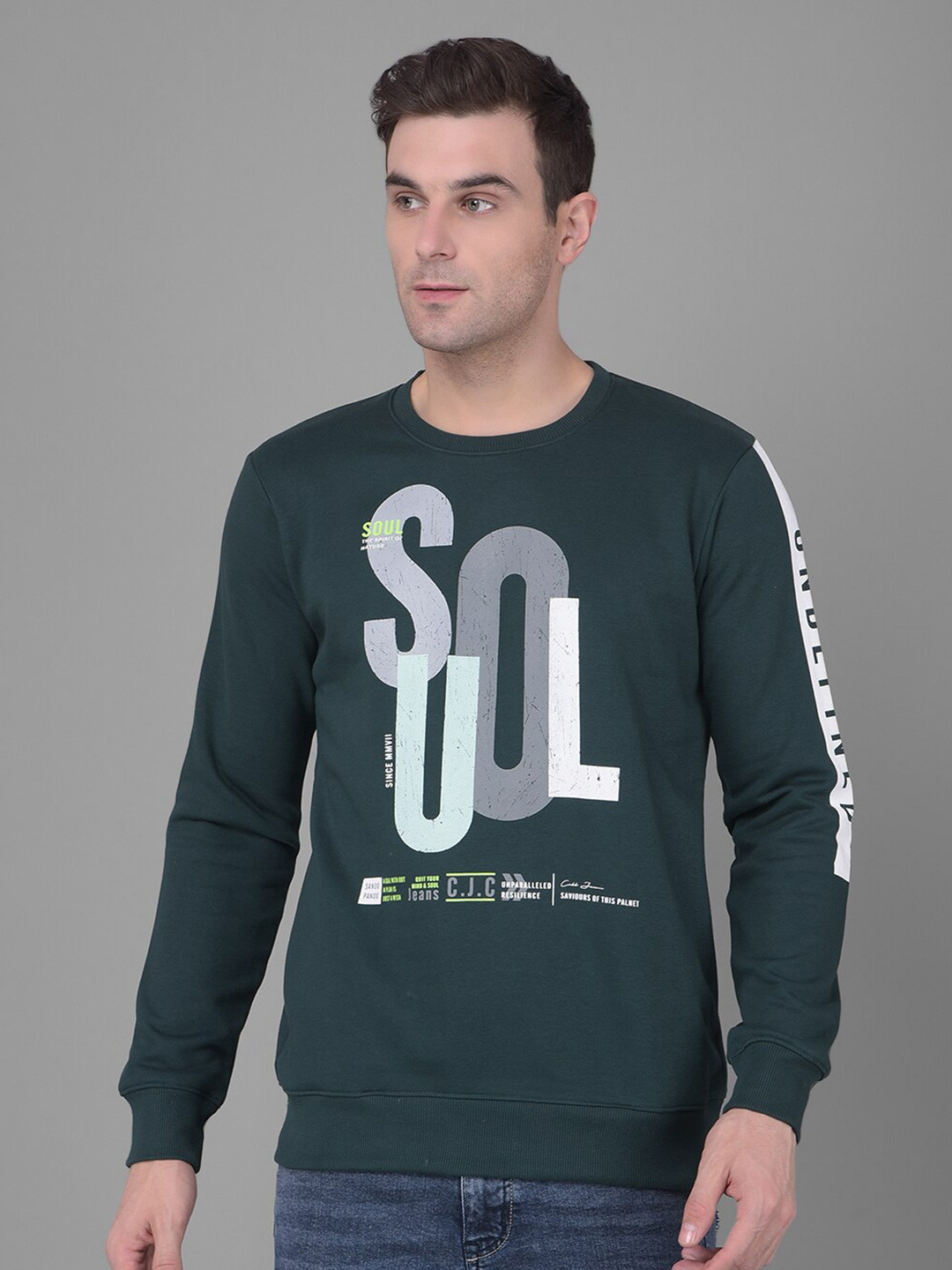 

COBB Typography Printed Round Neck Long Sleeves Cotton Pullover Sweatshirt, Green