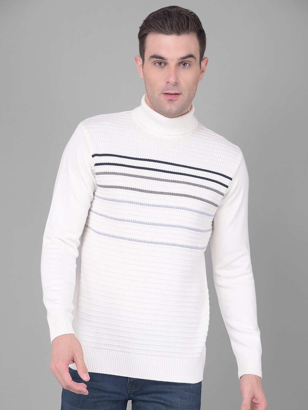 

COBB Striped High Neck Acrylic Pullover Sweater, Off white