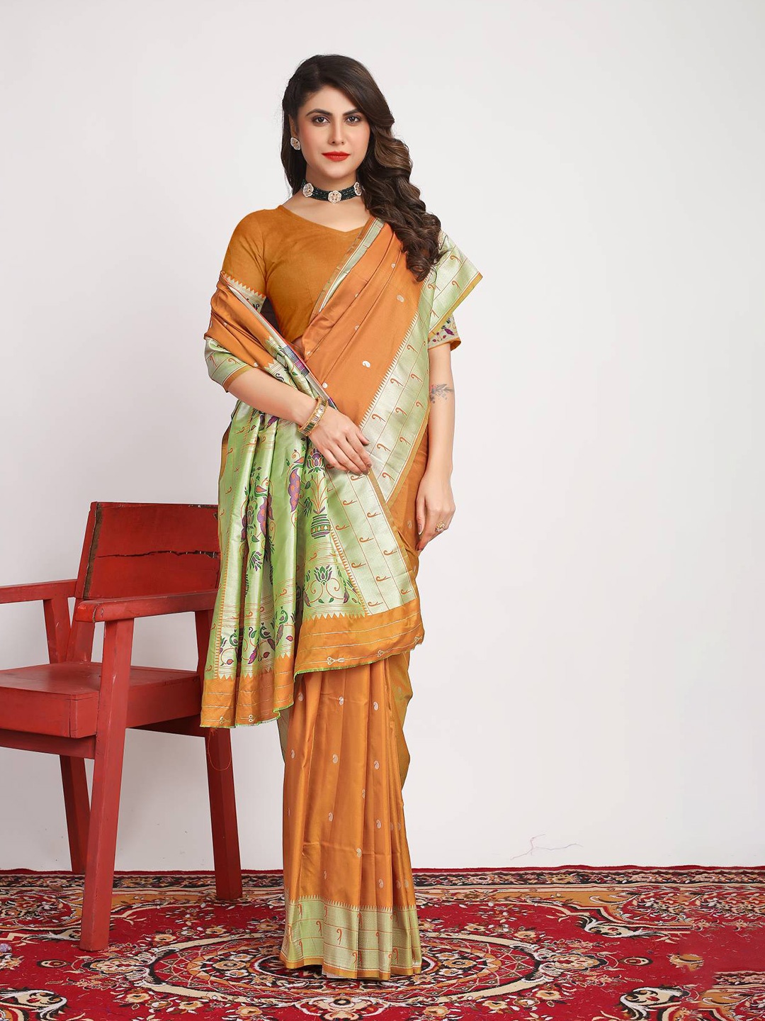 

PATIALAPICKS Ethnic Motif Woven Design Zari Pure Silk Kanjeevaram Saree, Orange