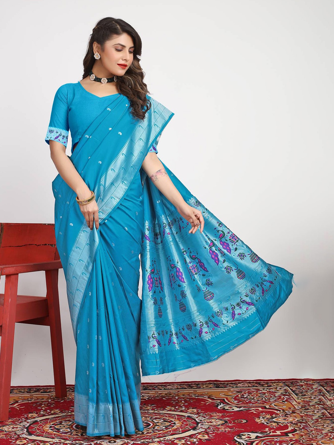 

PATIALAPICKS Ethnic Motif Woven Design Zari Pure Silk Kanjeevaram Saree, Blue