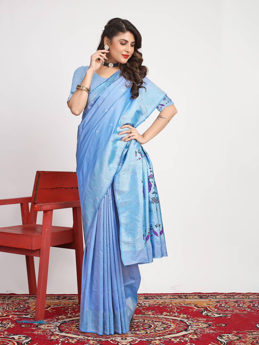 

PATIALAPICKS Ethnic Motif Woven Design Zari Pure Silk Kanjeevaram Saree, Blue