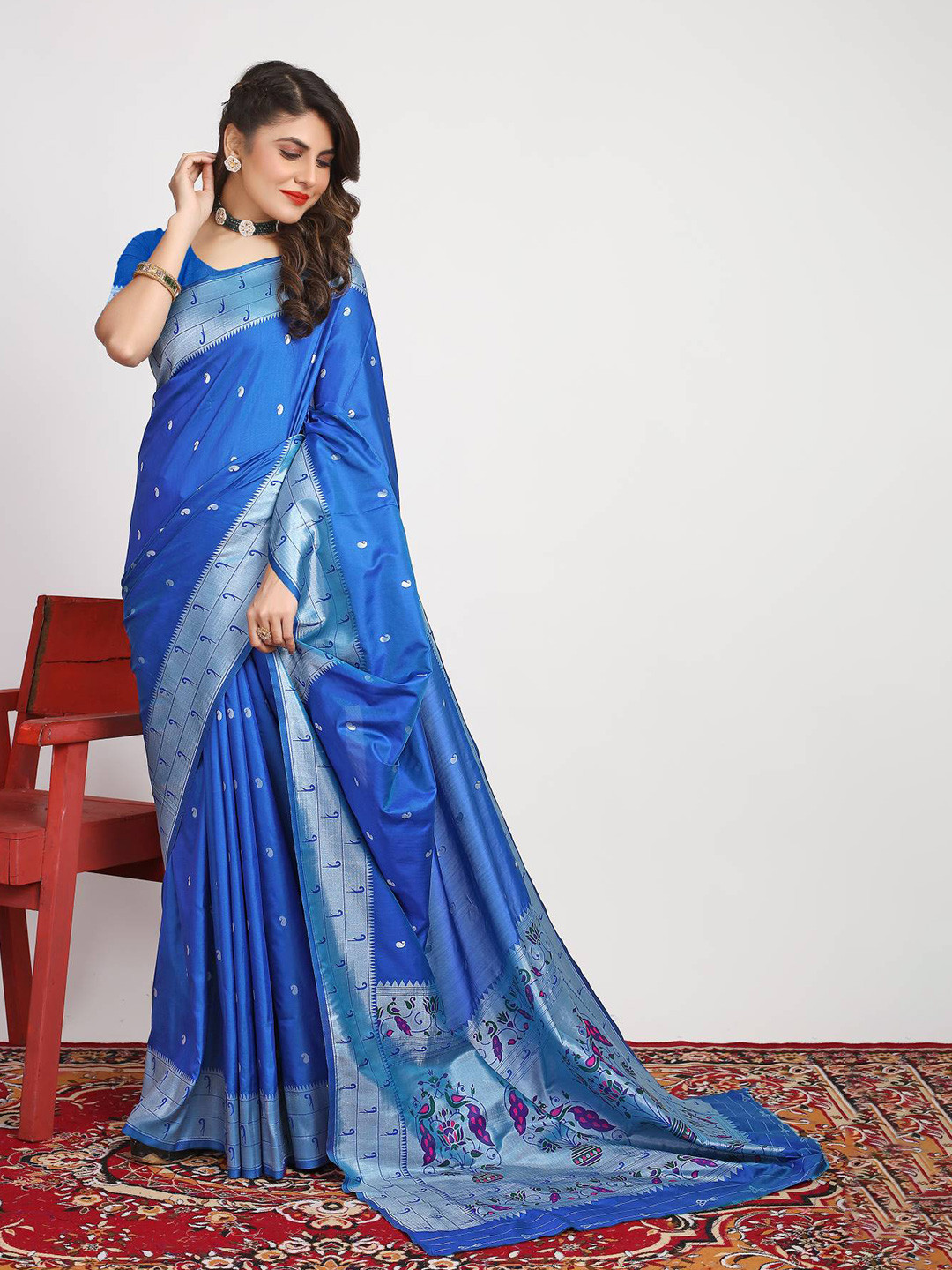 

PATIALAPICKS Ethnic Motif Woven Design Zari Pure Silk Kanjeevaram Saree, Blue