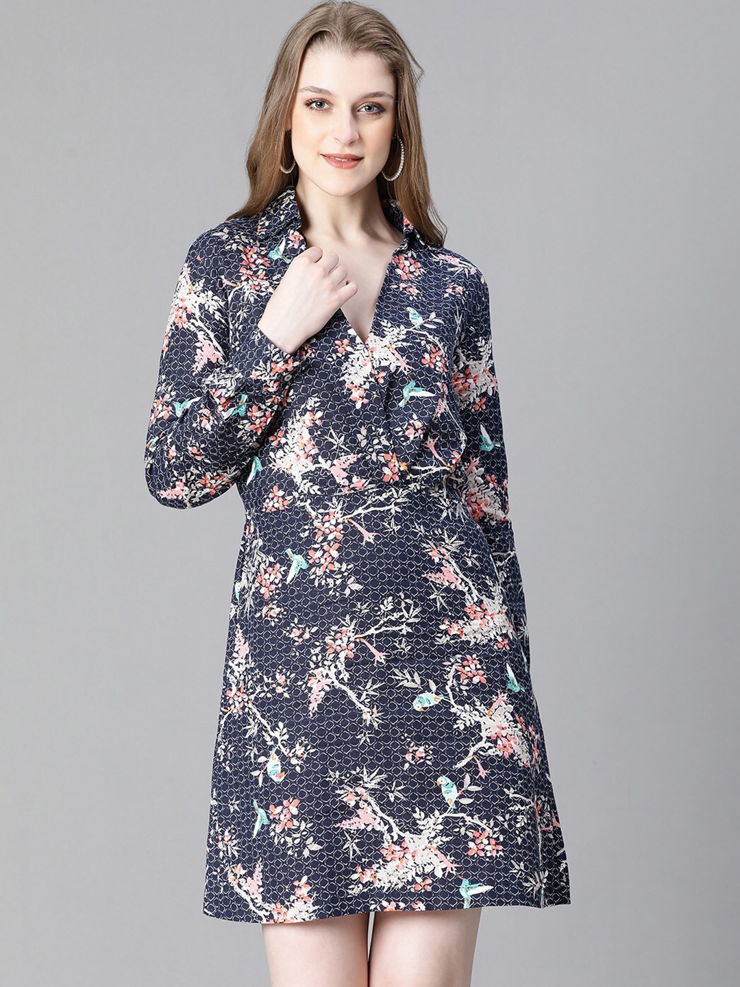 

Oxolloxo Floral Printed Shirt Collar Cuffed Sleeves Organic Cotton A-Line Dress, Navy blue