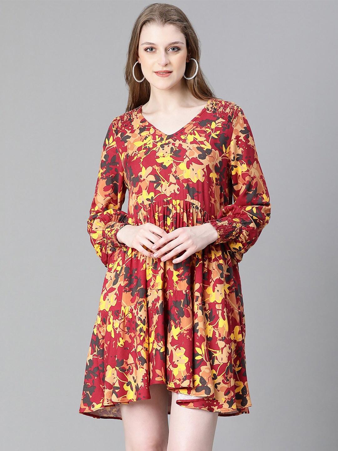 

Oxolloxo Floral Printed Puffed Sleeves Gathered or Pleated Empire Mini Dress, Maroon