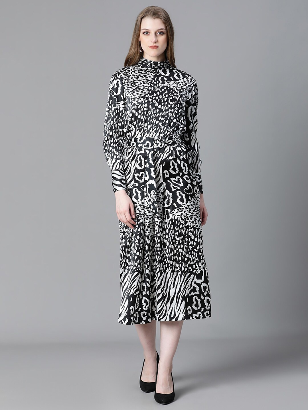 

Oxolloxo Animal Printed Belted A Line Dress, Black