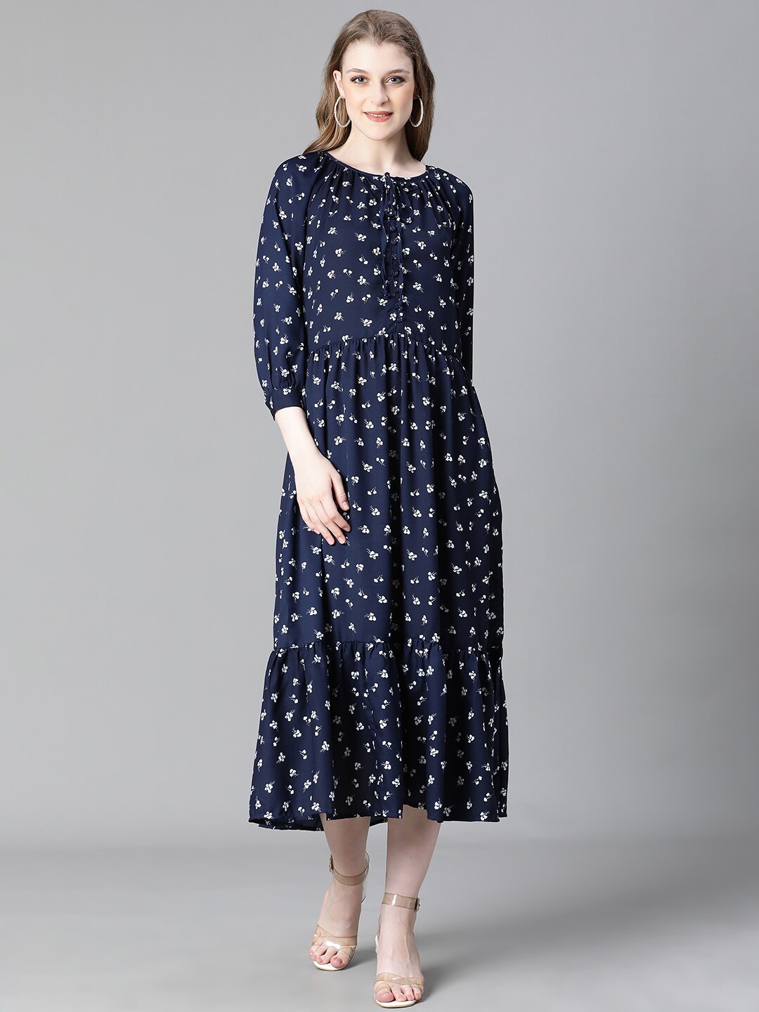 

Oxolloxo Floral Printed A Line Midi Dress, Blue
