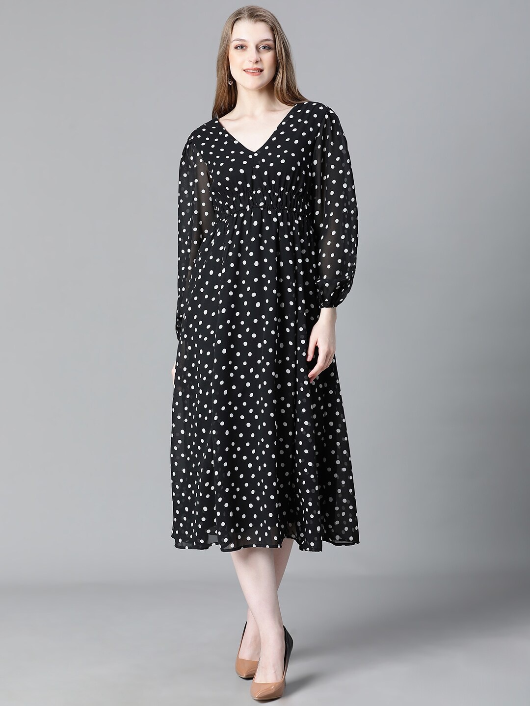 

Oxolloxo Polka Dots Printed Georgette A Line Dress, Black