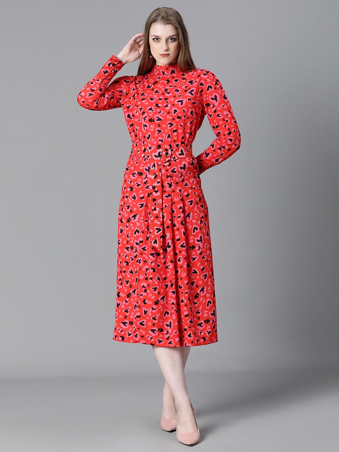 

Oxolloxo Conversational Printed Belted A Line Midi Dress, Red
