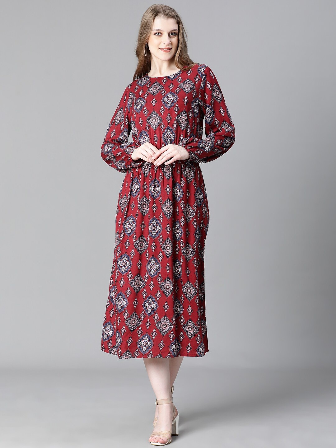 

Oxolloxo Ethnic Motifs Printed Smocked A-Line Midi Dress, Maroon