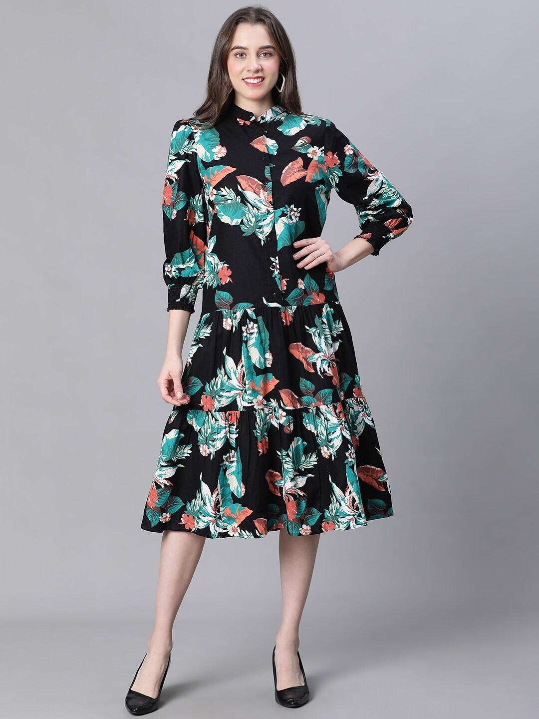 

Oxolloxo Floral Printed Organic Cotton Smocked Drop Waist Dress, Black