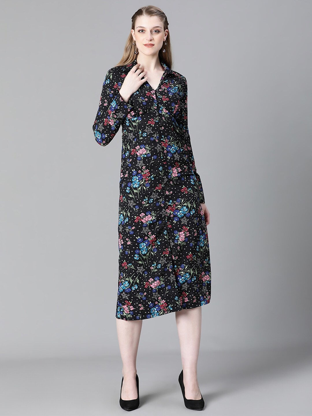 

Oxolloxo Floral Printed Empire Midi Dress, Black