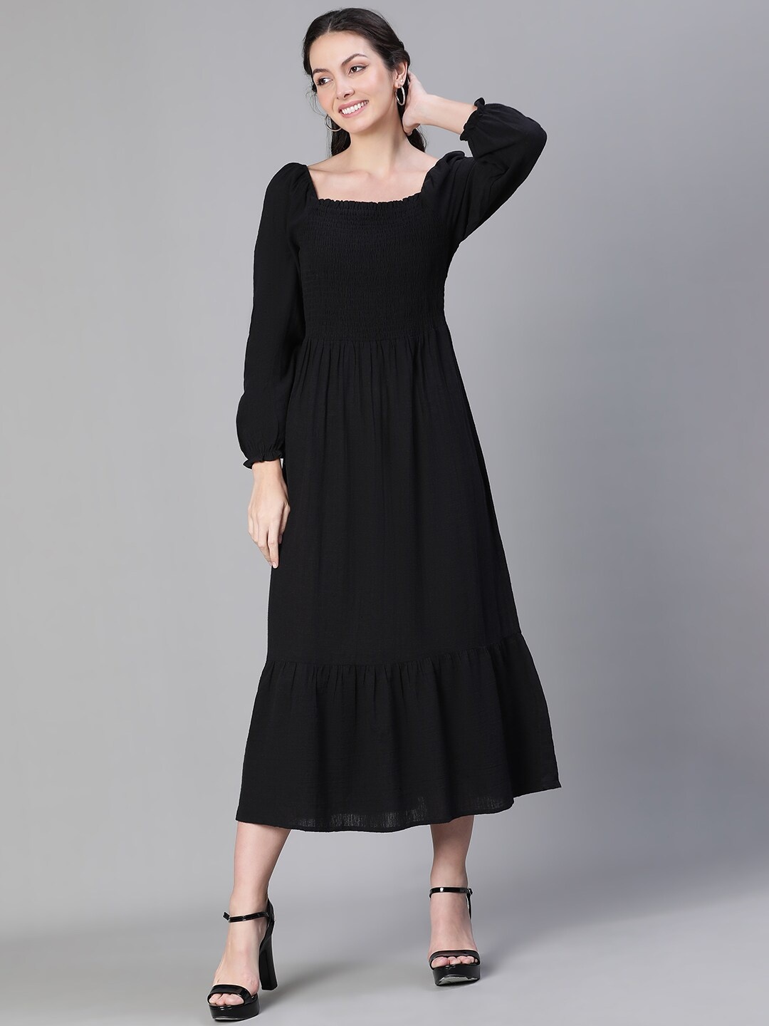 

Oxolloxo Square Neck Smocked Cotton Fit & Flare Midi Dress, Black