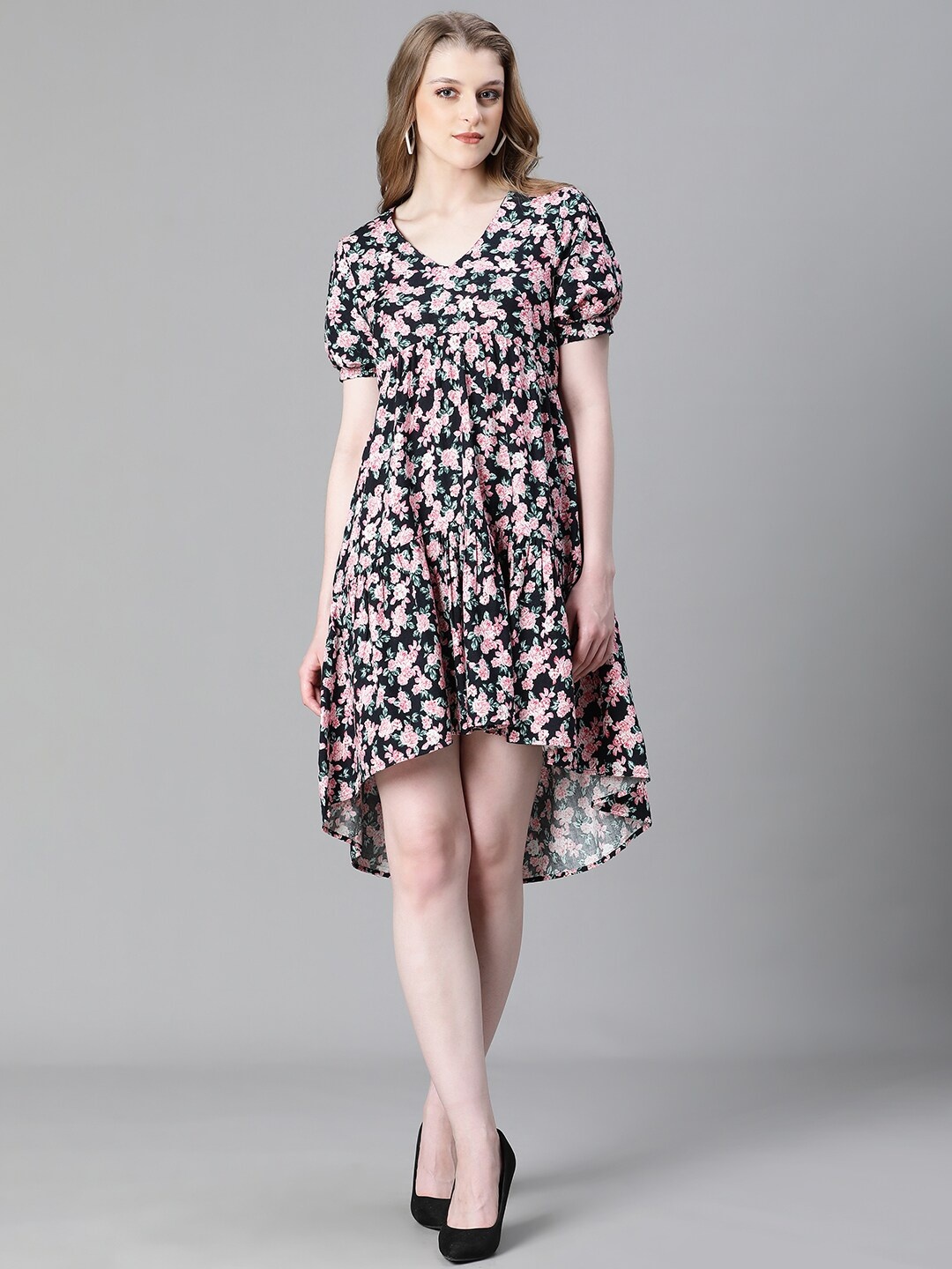 

Oxolloxo Floral Printed Puff Sleeve Organic Cotton A-Line Dress, Black
