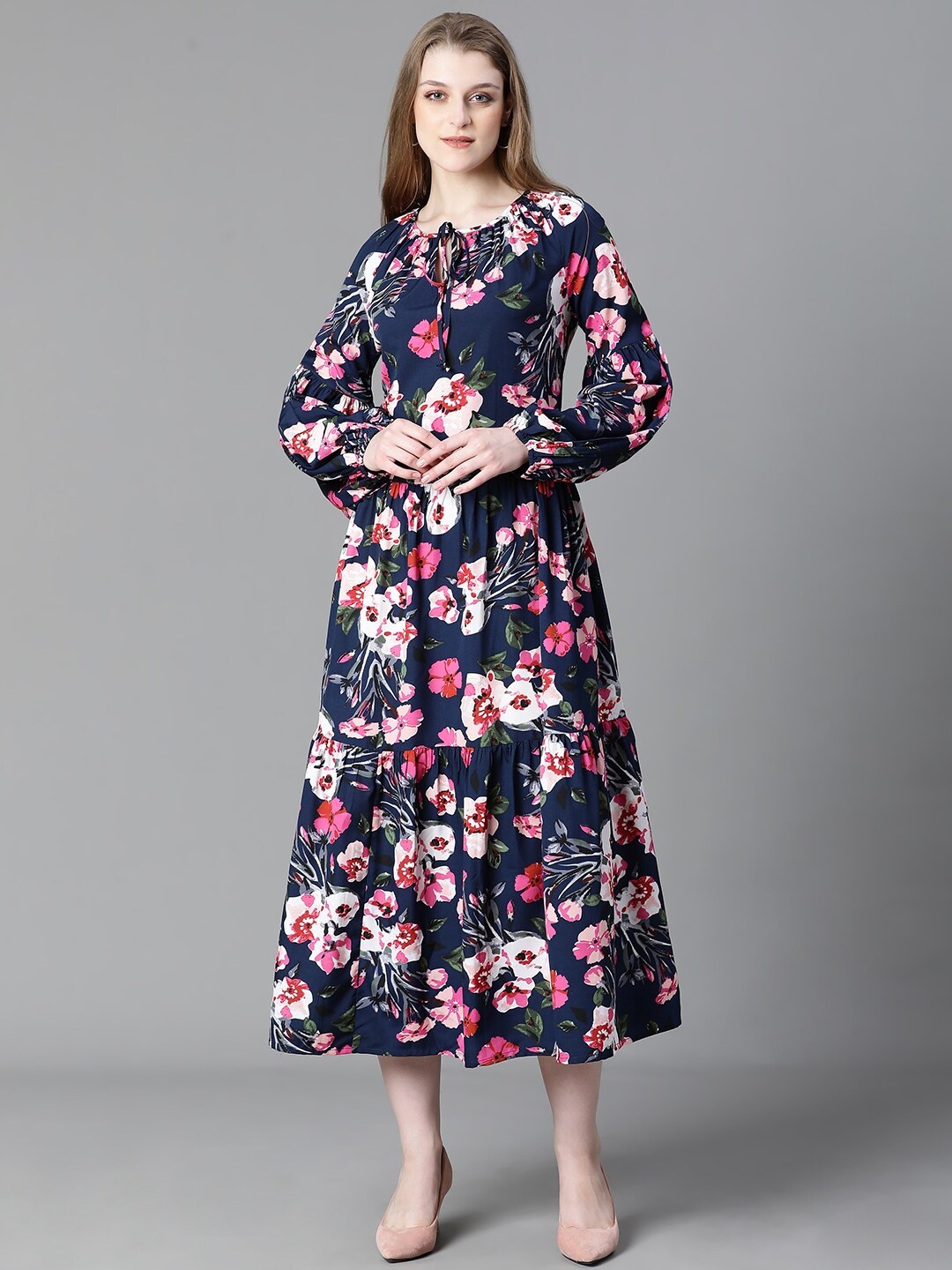 

Oxolloxo Floral Printed Tie-Up Neck Fit & Flare Midi Dress, Navy blue