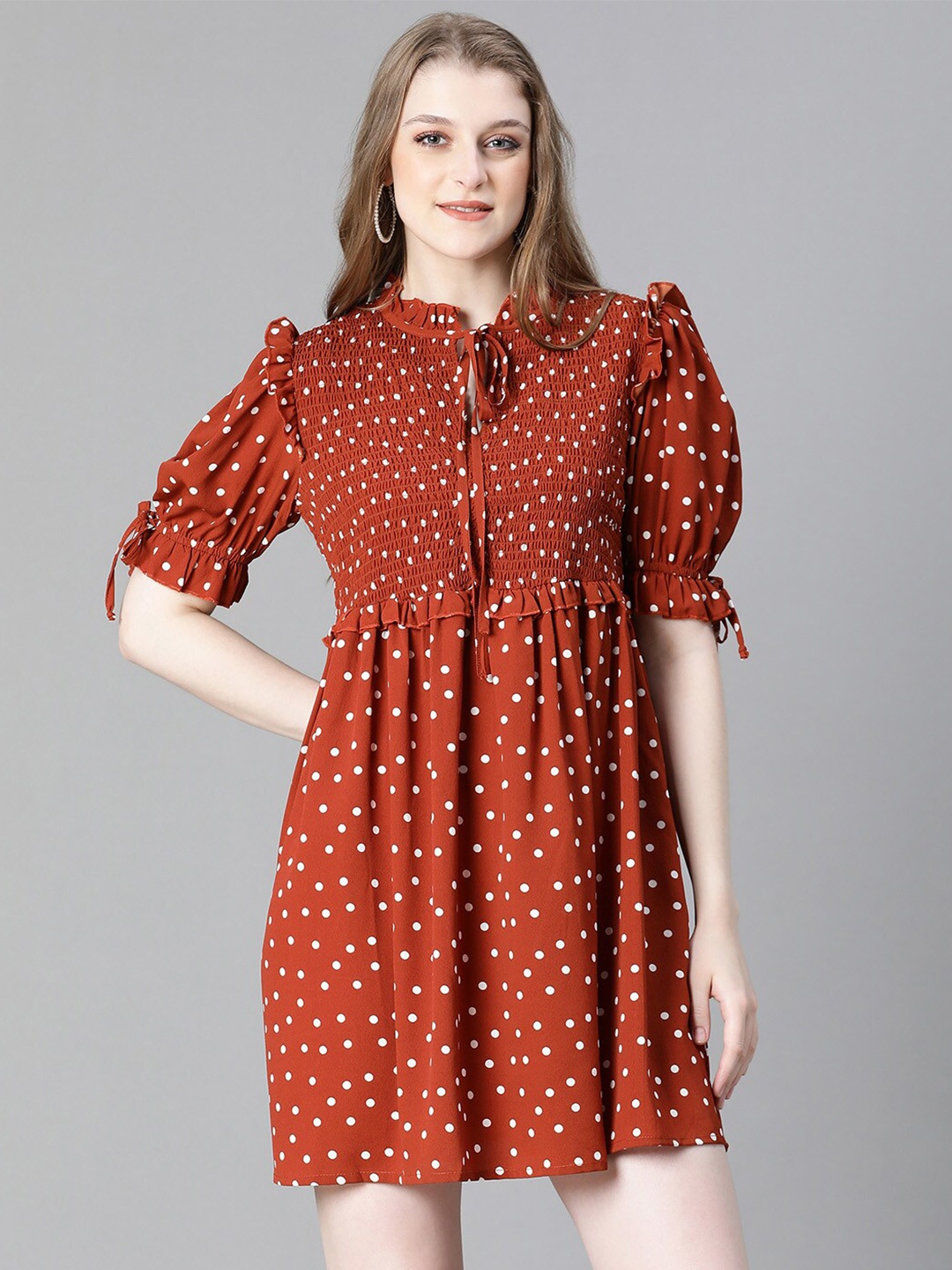 

Oxolloxo Polka Dots Printed Tie Up Neck Puff Sleeve Ruffled & Smocked Fit & Flare Dress, Rust