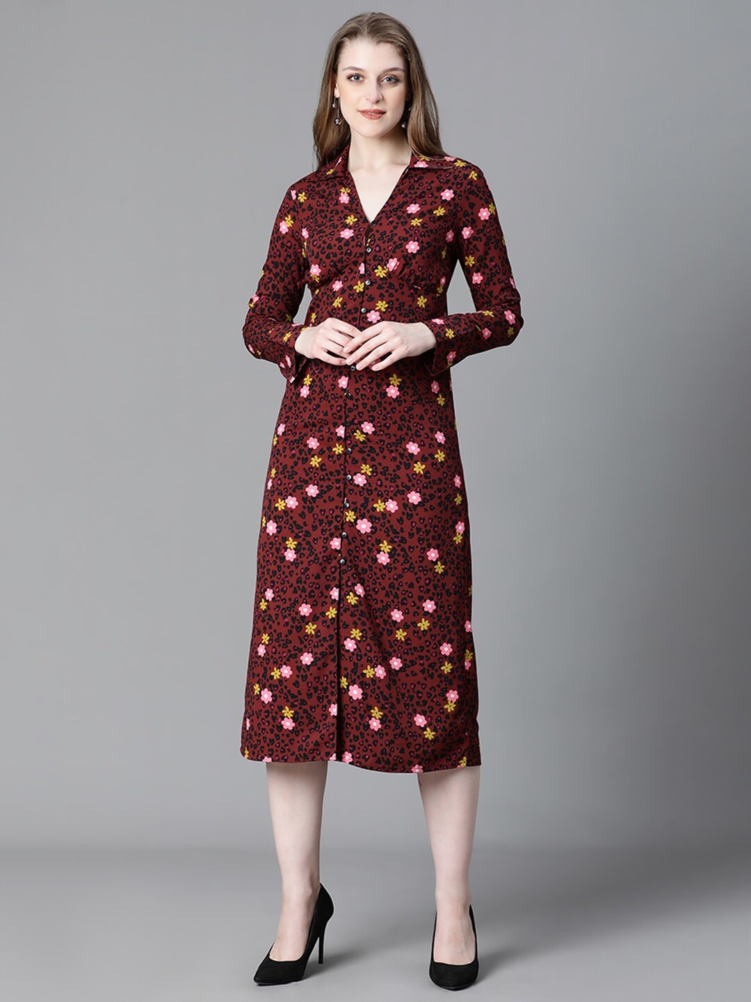 

Oxolloxo Floral Printed Shirt Collar Shirt Dress, Maroon