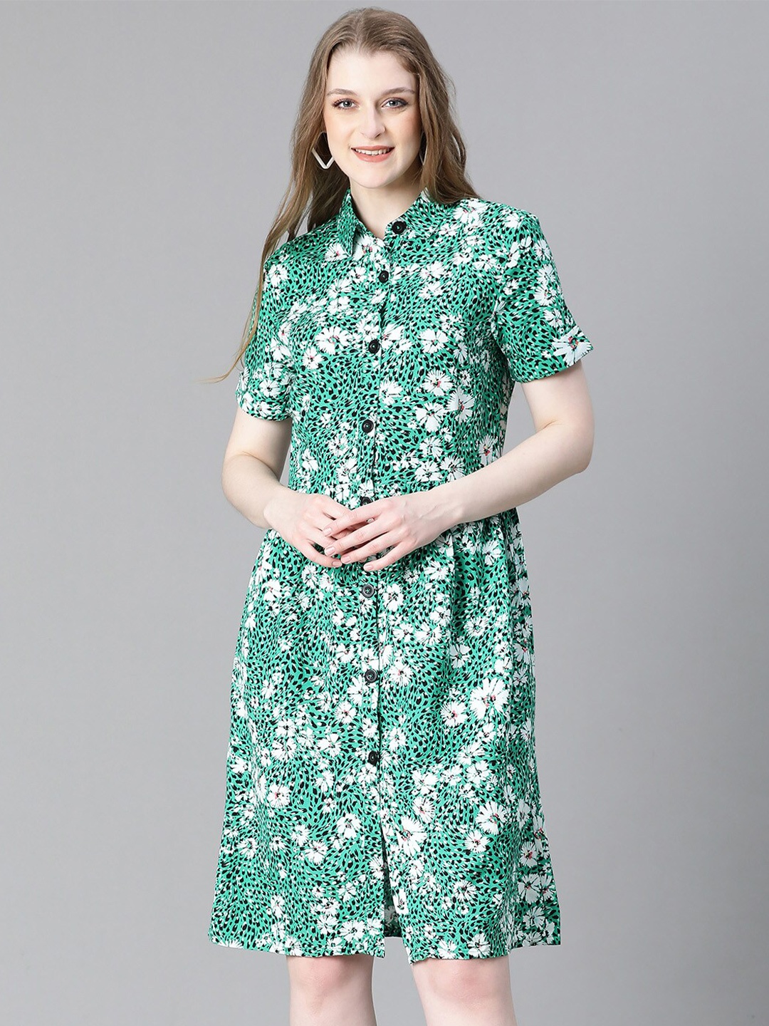

Oxolloxo Floral Printed Shirt Collar Organic Cotton Shirt Dress, Green