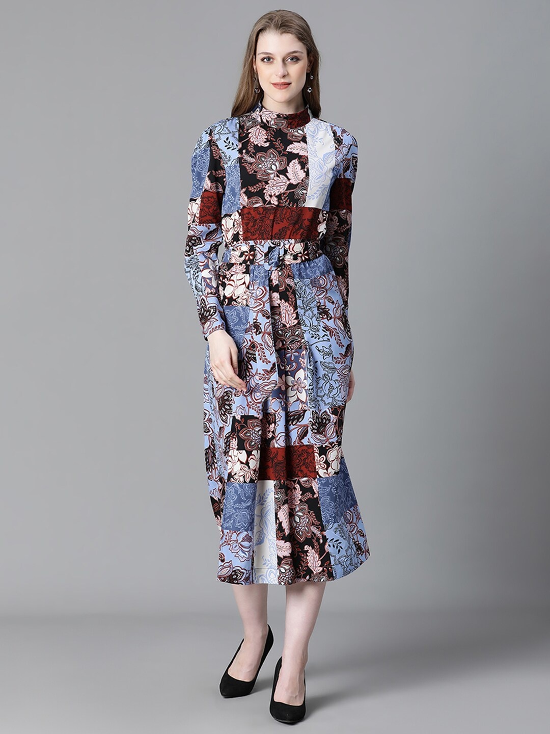 

Oxolloxo Ethnic Motifs Printed High Neck Cuffed Sleeve Belted A-Line Dress, Blue