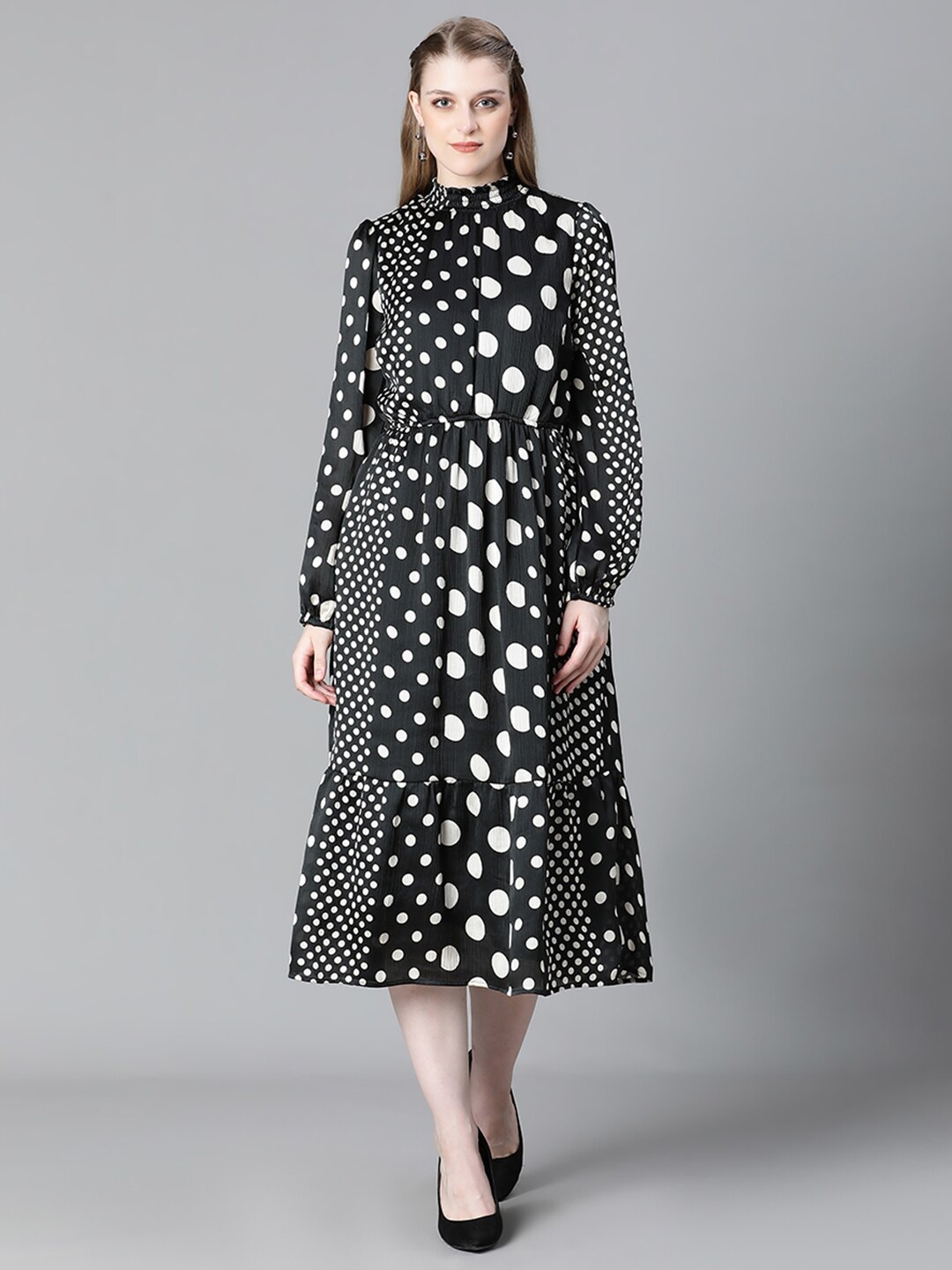 

Oxolloxo Polka Dots Printed High Neck Puff Sleeve Monochrome Georgette Fit & Flare Dress, Black