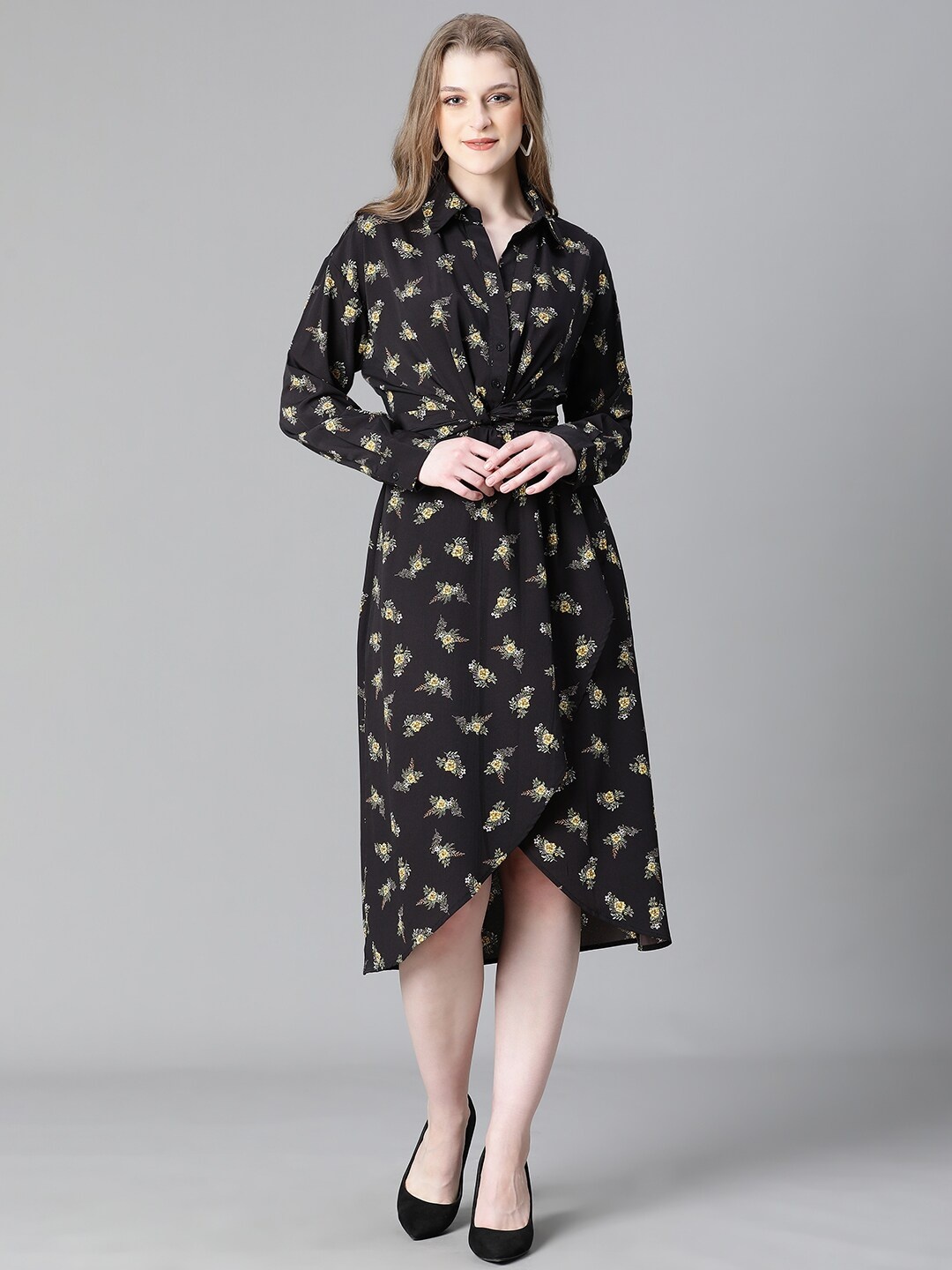

Oxolloxo Floral Print Shirt Collar Cuff Sleeve Twisted A-Line Dress, Black