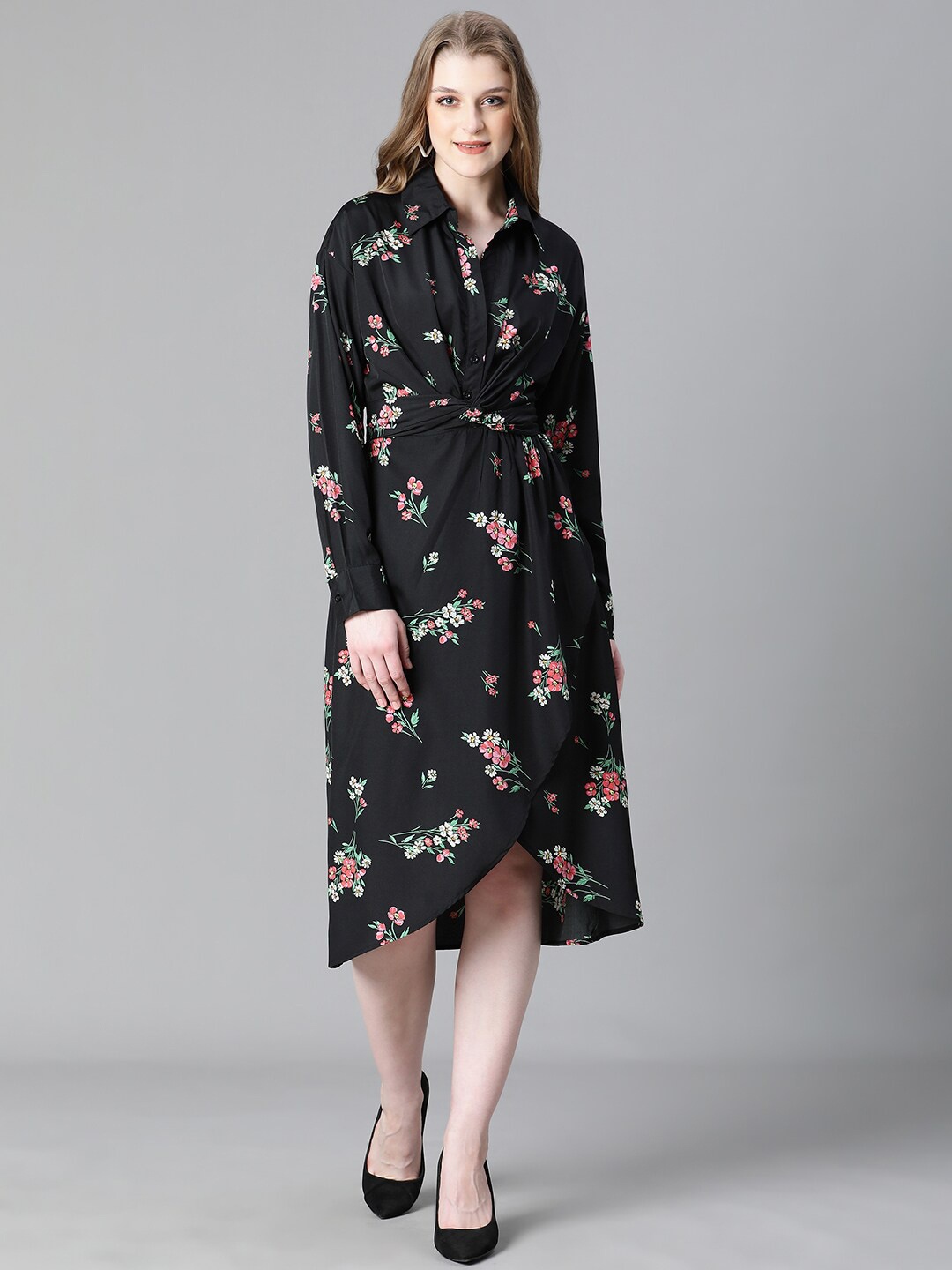 

Oxolloxo Floral Printed Shirt Collar Wrap Dress, Black