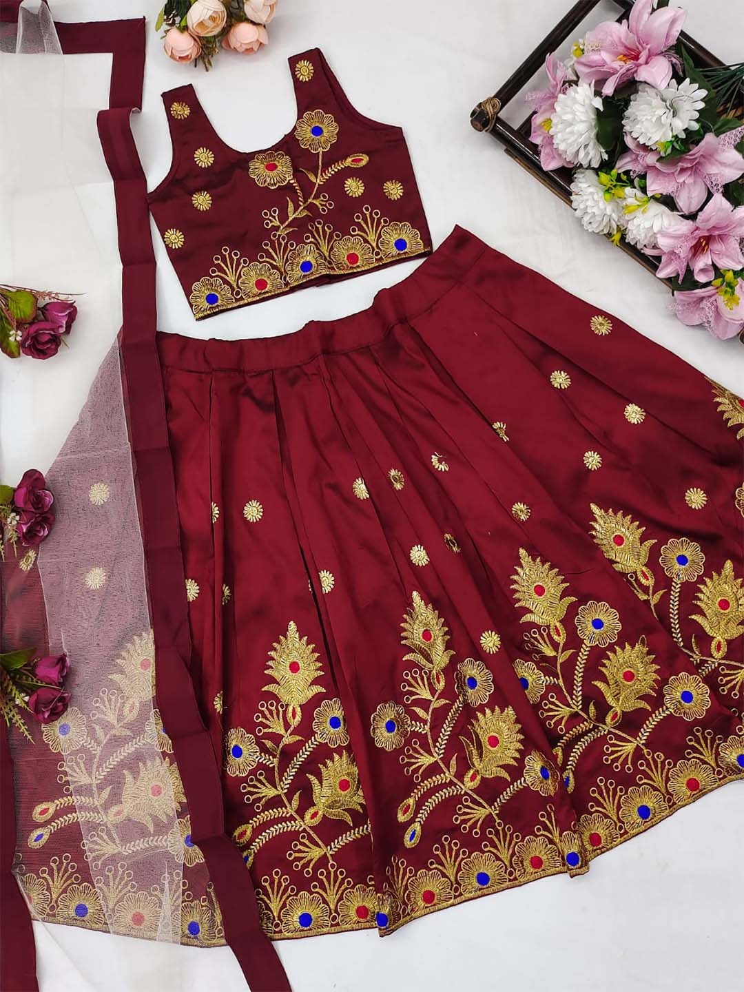 

BAESD Girls Embroidered Zari Ready to Wear Lehenga & Blouse With Dupatta, Maroon