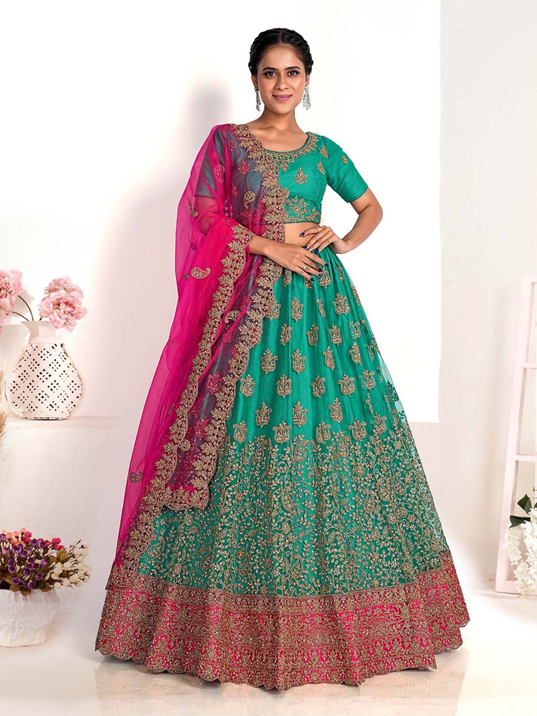 

HALFSAREE STUDIO Embroidered Zari Semi-Stitched Lehenga & Unstitched Blouse With Dupatta, Green