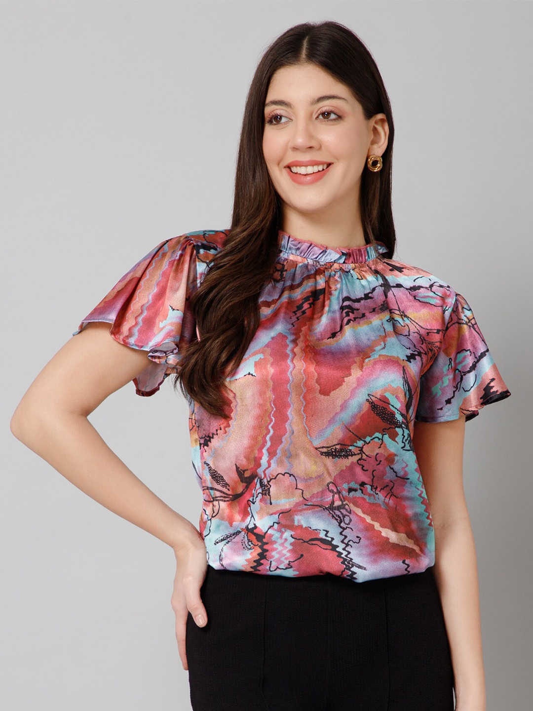 

PURYS Abstract Printed High Neck Flared Sleeve Satin Top, Purple