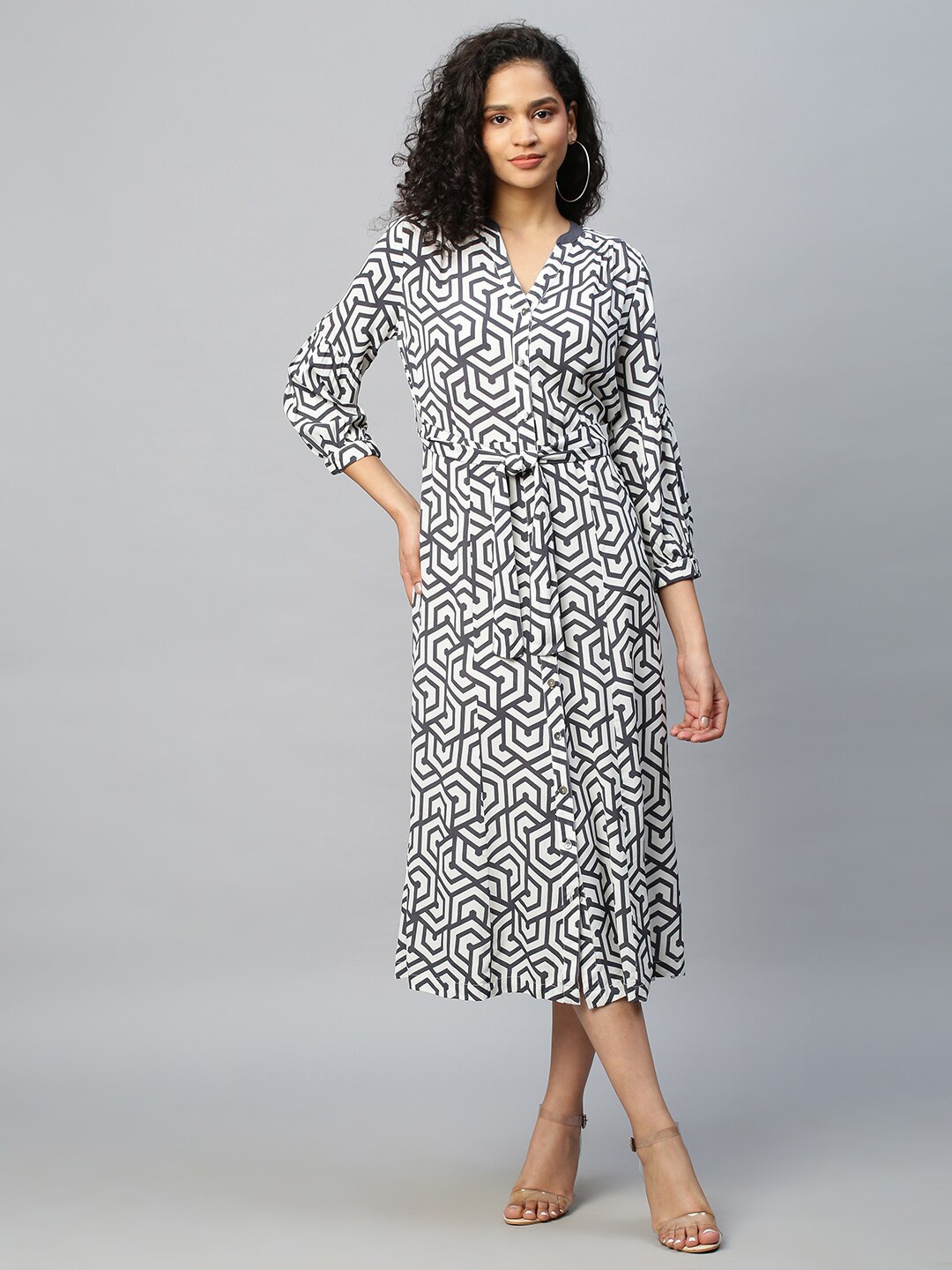 

Chemistry Abstract Printed Tie-Up Shirt Style Midi Dress, Grey
