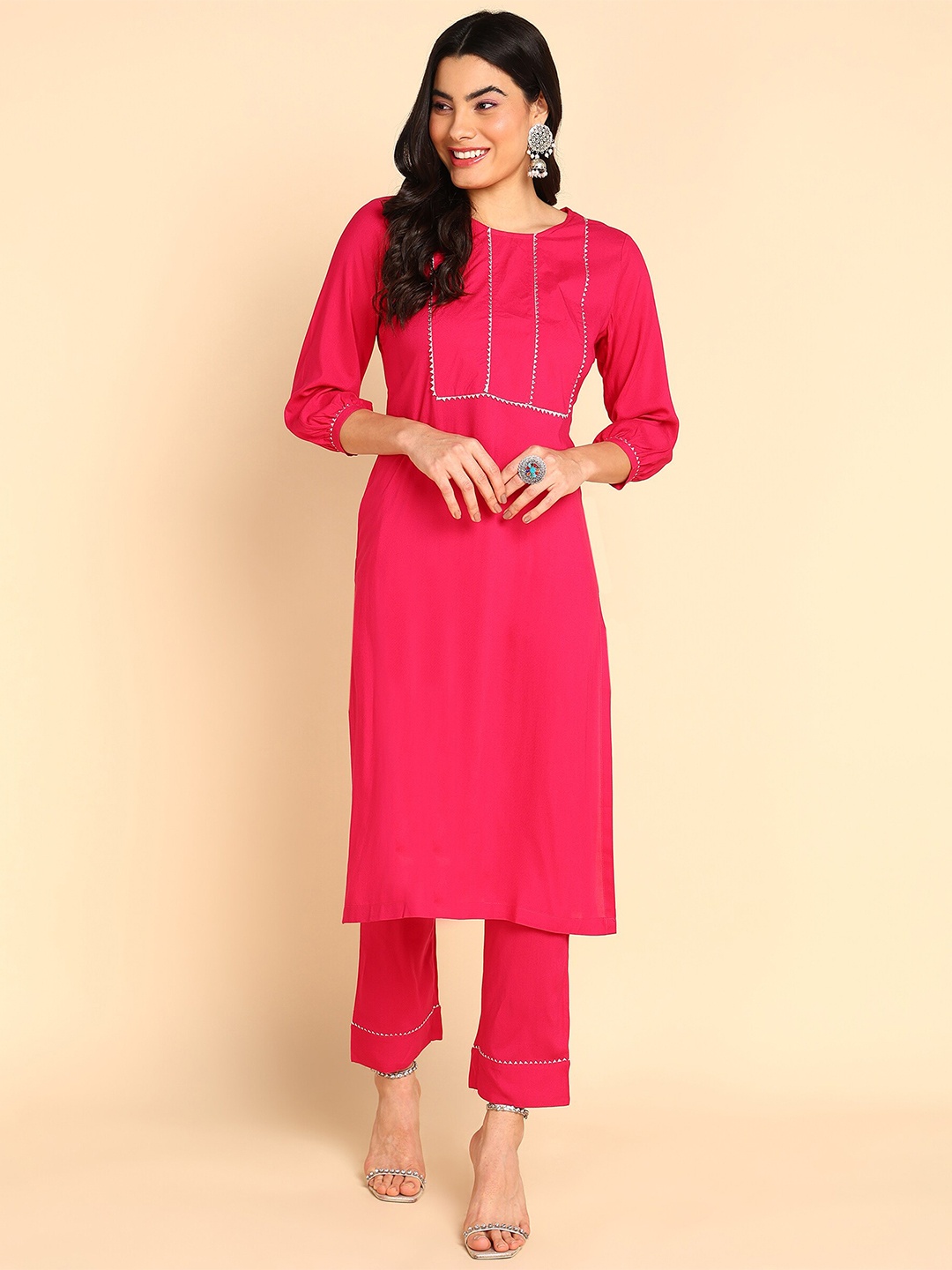 

Adyavastram Gotta Patti Detailed Straight Kurta with Trouser, Pink