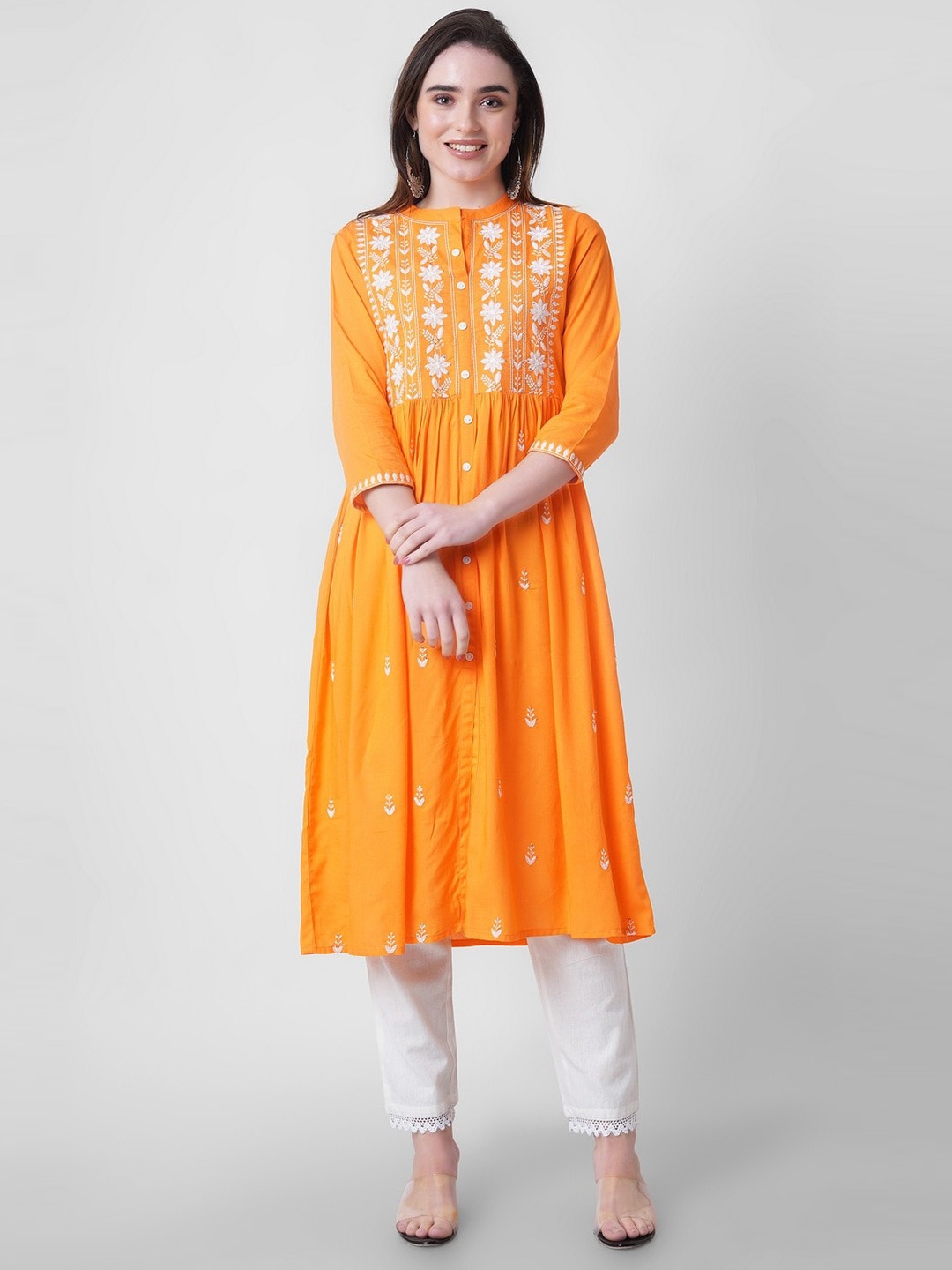 

PURVIJA KURTIES Floral Embroidered Mirror Work Anarkali Kurta, Orange