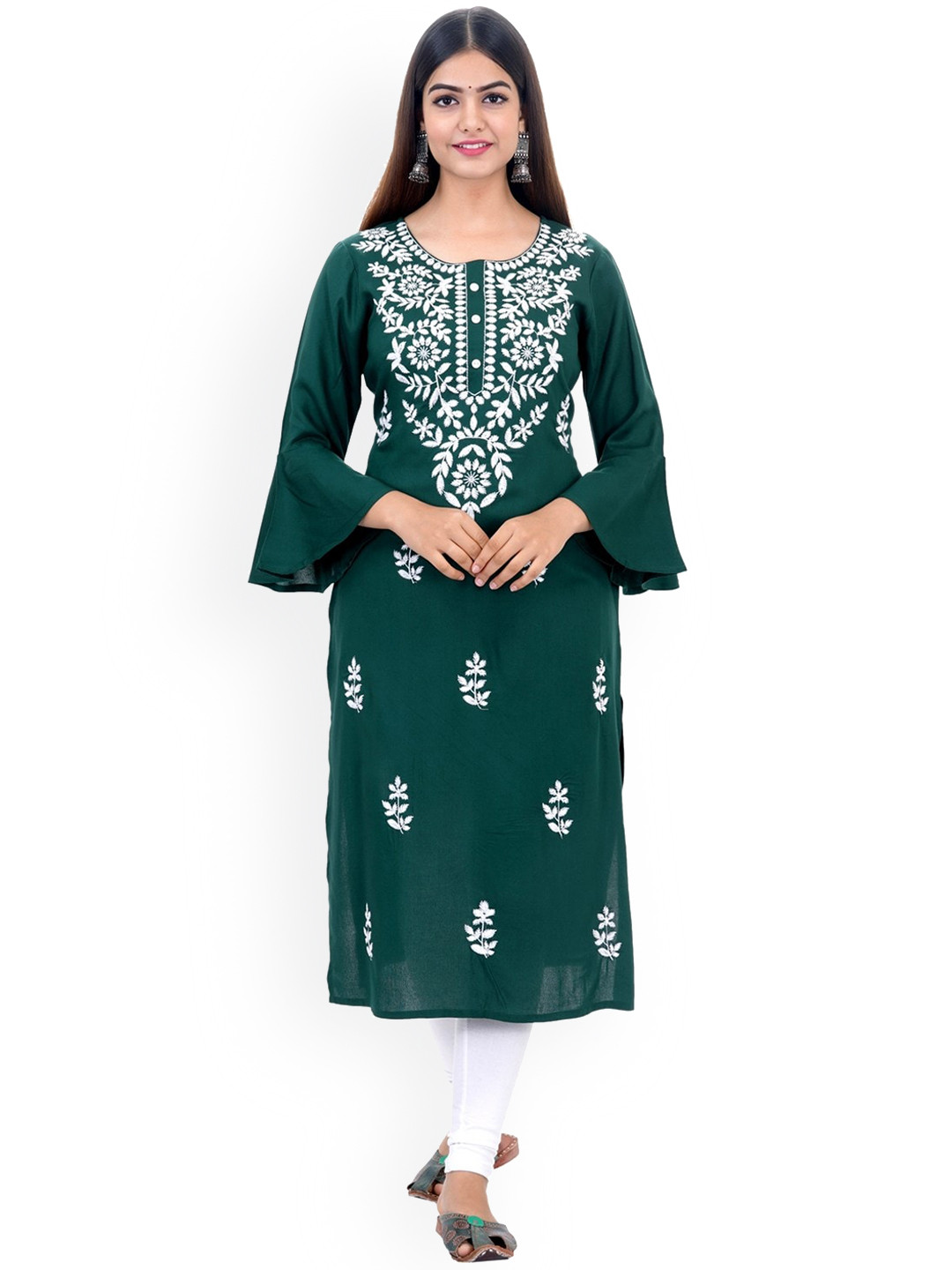 

PURVIJA KURTIES Floral Embroidered Bell Sleeves Kurta, Green