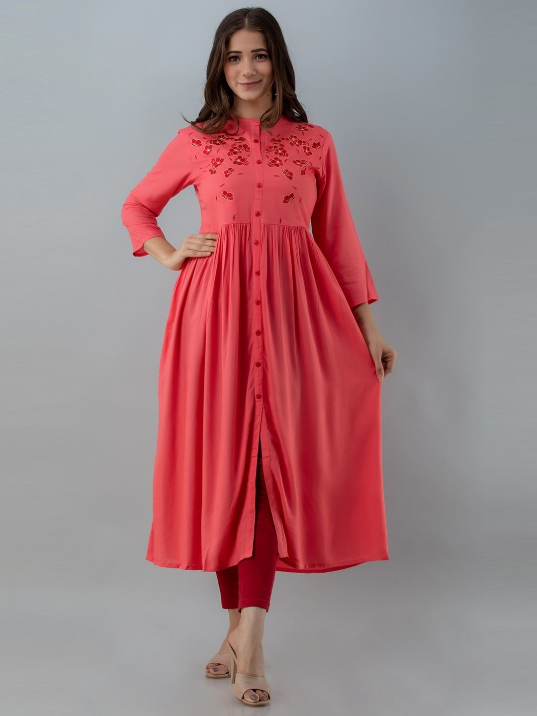 

PURVIJA KURTIES Floral Embroidered Pleated Anarkali Kurta, Peach