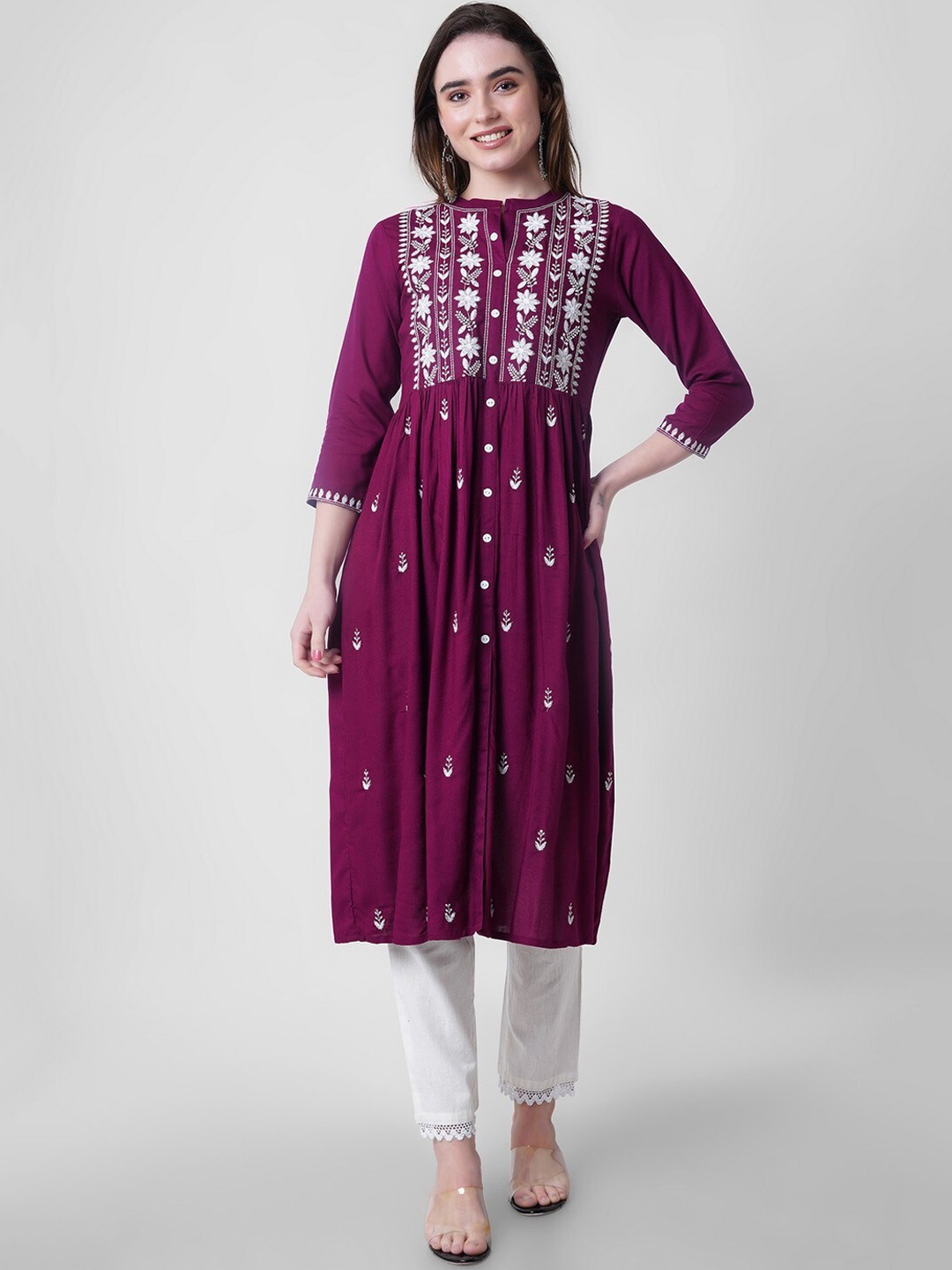 

PURVIJA KURTIES Floral Embroidered Sequinned A-Line Kurta, Purple