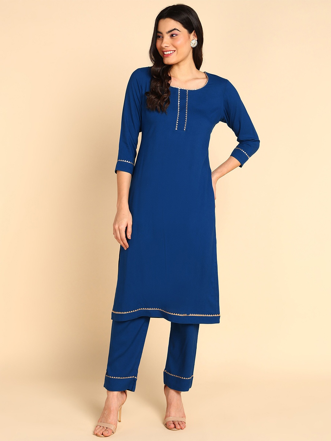 

Adyavastram Gotta Patti Detailed Straight Kurta with Trouser, Navy blue