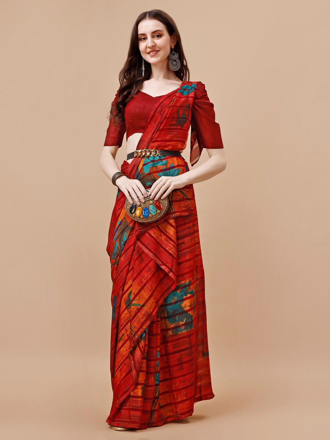 

KALINI Floral Printed Pure Georgette Saree, Red