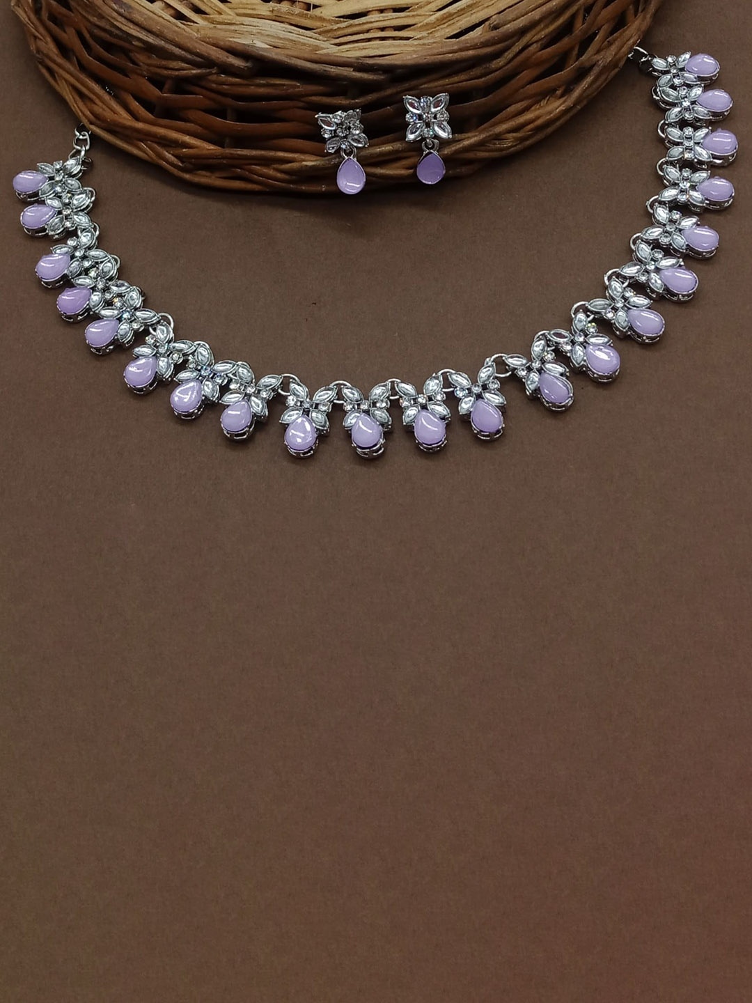 

AASHISH IMITATION Rhodium-Plated Stone-Studded Oxidised Jewellery Set, Silver