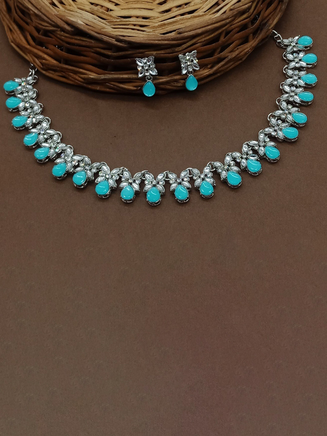 

AASHISH IMITATION Rhodium-Plated Stone Studded Oxidised Jewellery Set, Silver