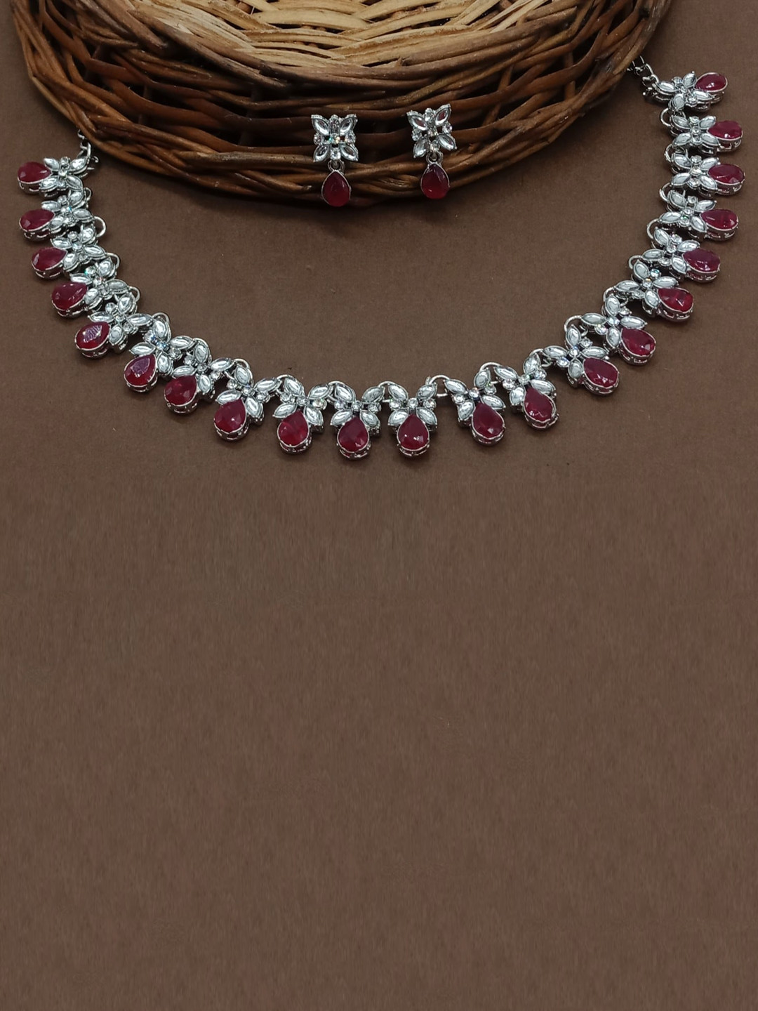 

AASHISH IMITATION Rhodium-Plated Stone Studded Oxidised Jewellery Set, Silver