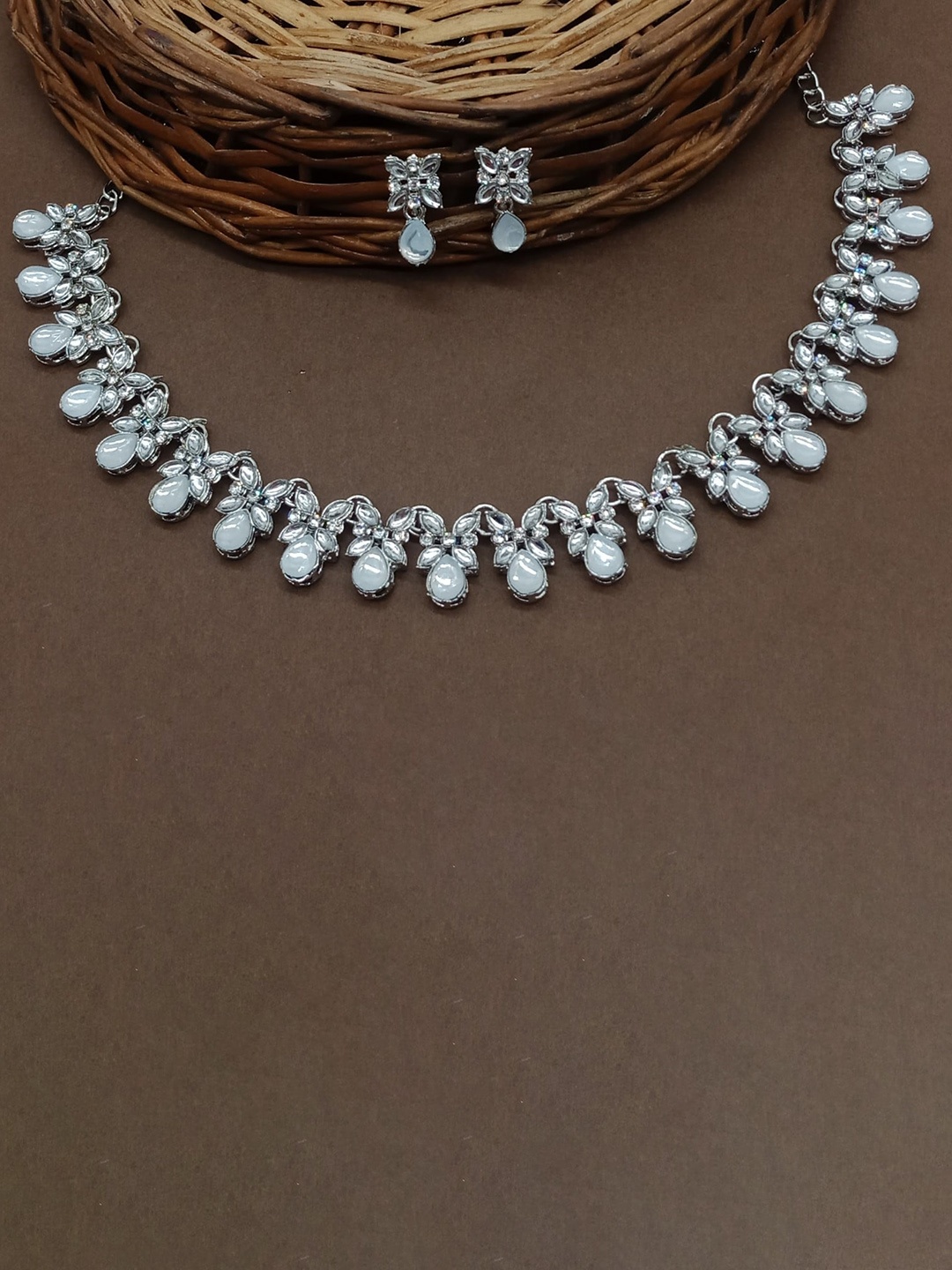 

AASHISH IMITATION Rhodium-Plated Stone Studded Necklace & Earrings, Silver