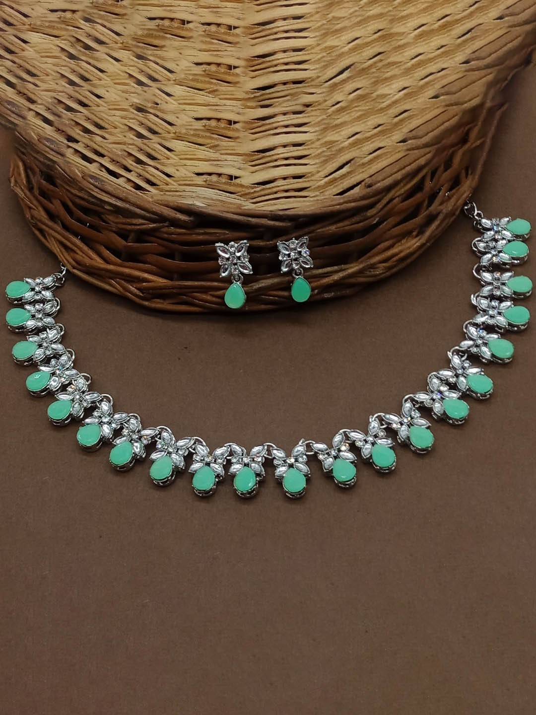 

AASHISH IMITATION Rhodium-Plated Stone Studded Necklace & Earrings, Silver