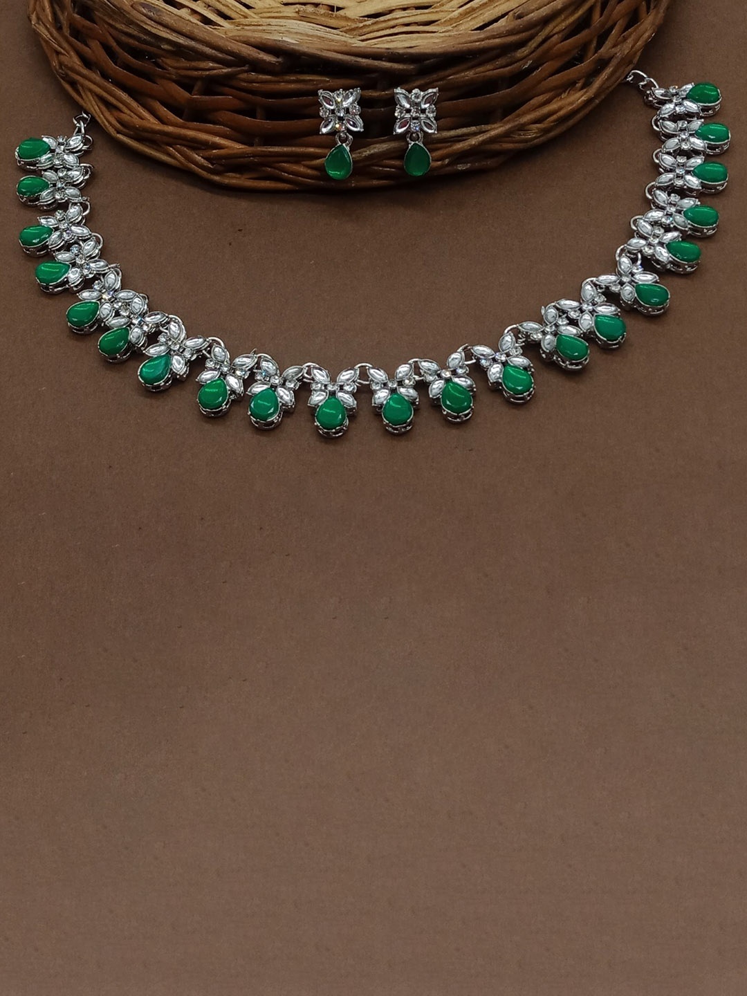 

AASHISH IMITATION Rhodium-Plated Stone Studded Necklace & Earrings, Silver