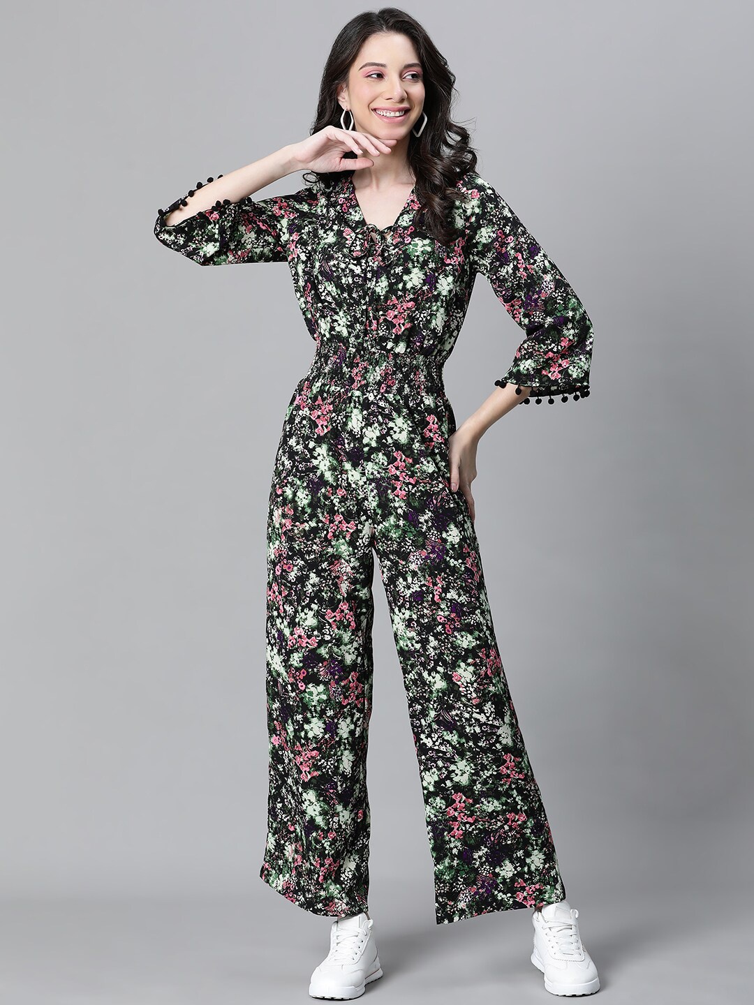 

Oxolloxo Floral Printed V-Neck Pom Pom Lace Smocked Jumpsuit, Black