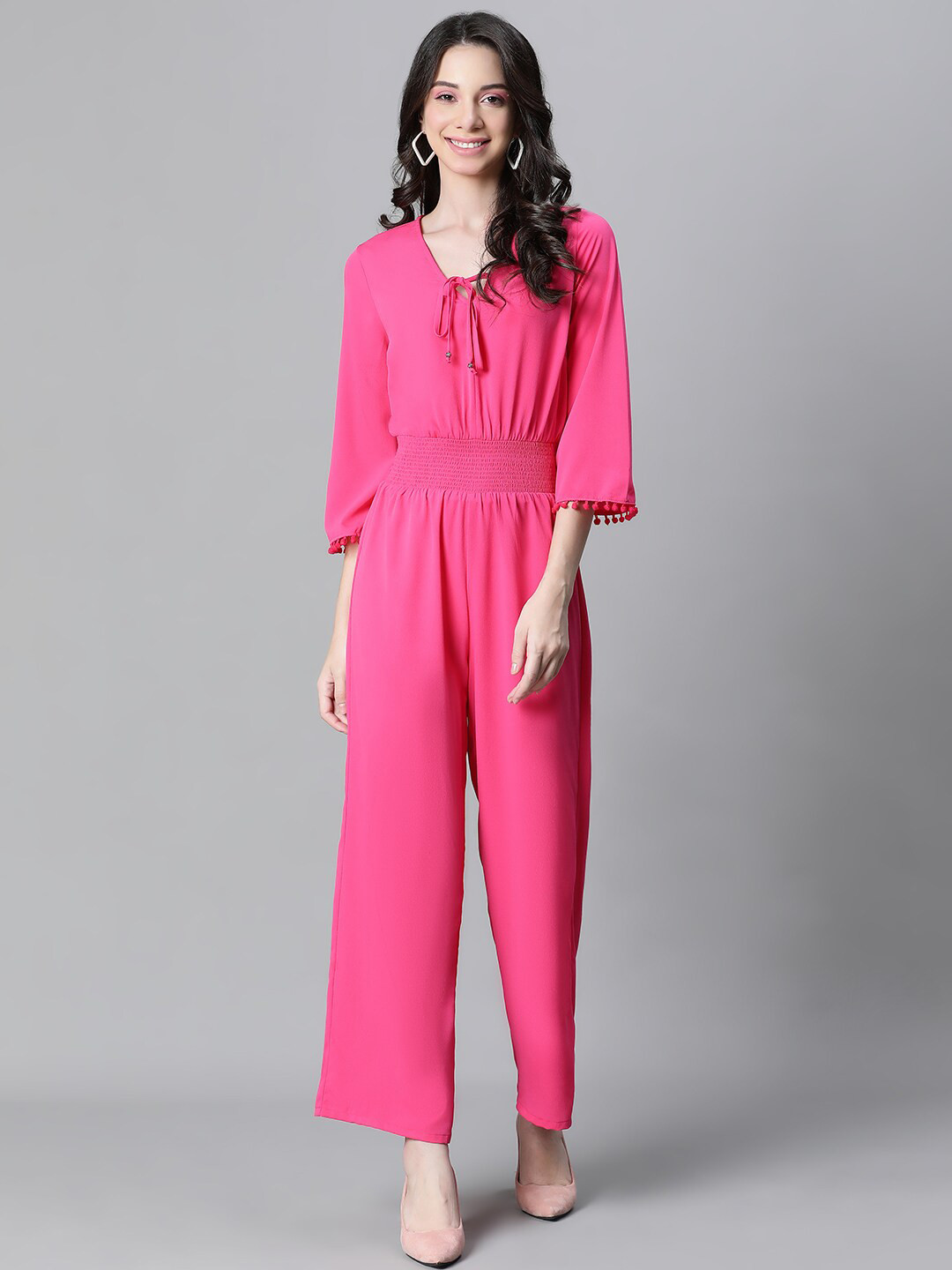 

Oxolloxo Tie Up Neck Smocked Basic Jumpsuit, Pink