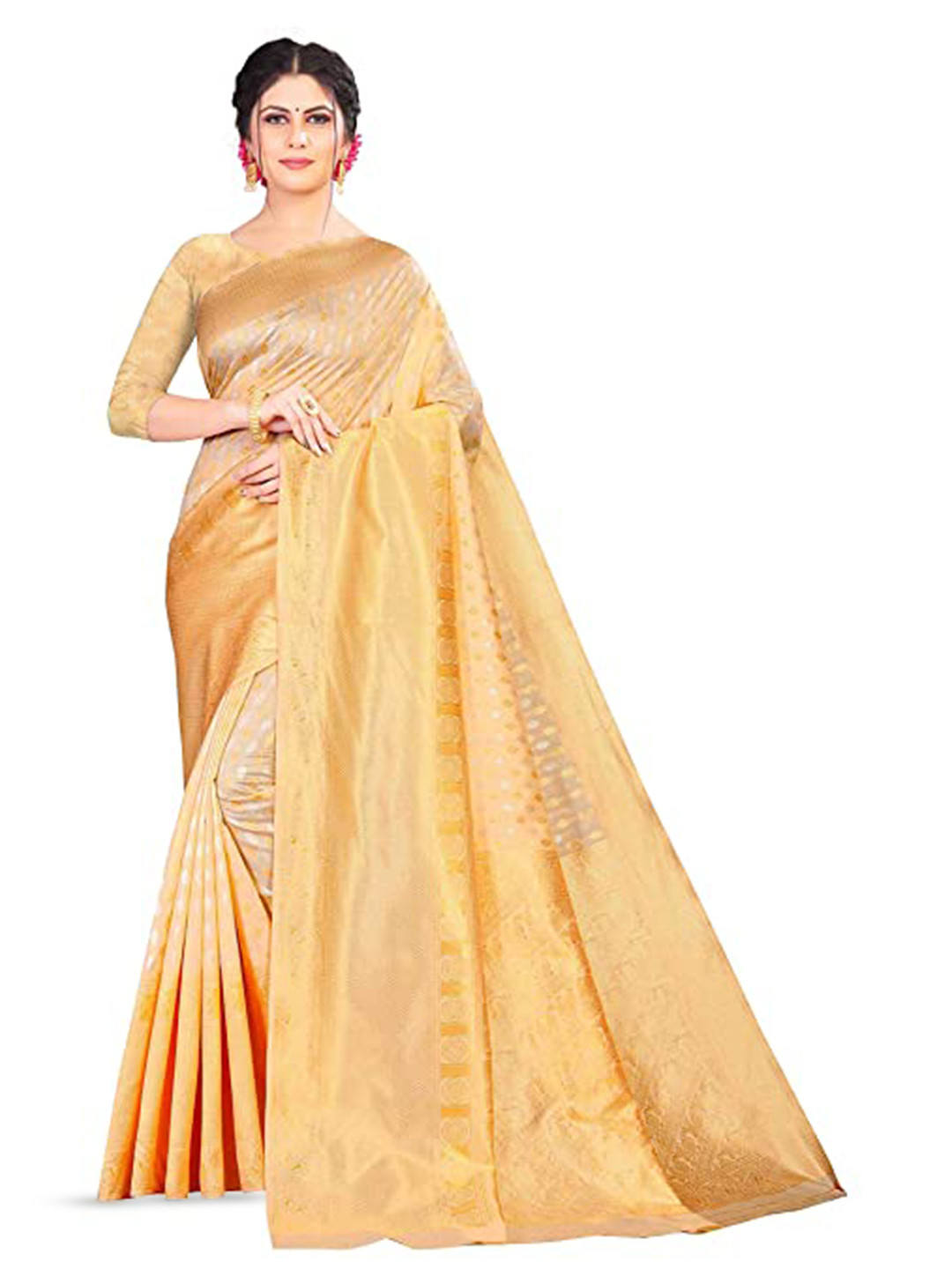 

LIMDO Ethnic Motifs Woven Design Zari Pure Silk Kanjeevaram Saree, Cream