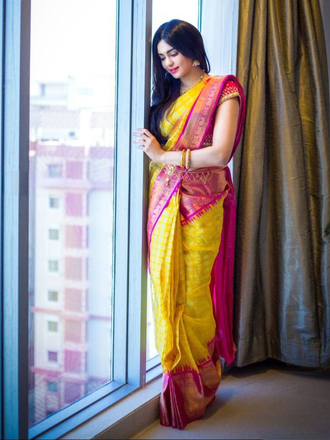 

LIMDO Yellow Floral Zari Pure Silk Kanjeevaram Saree